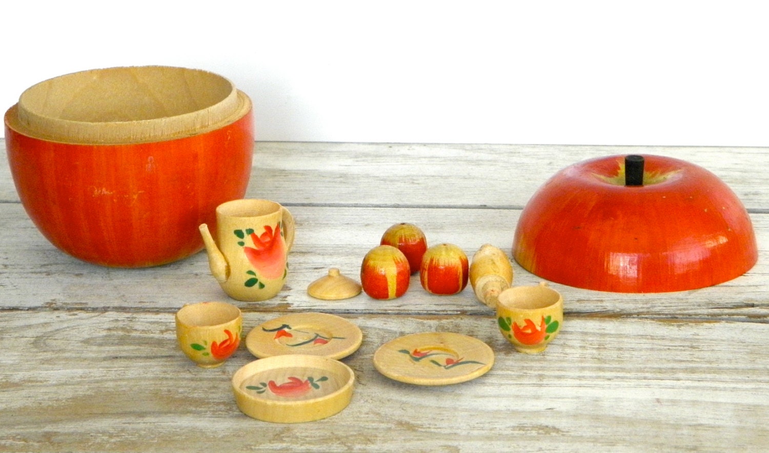 Vintage Wooden Apple Tea Set Miniature Hand Painted Japan Nesting