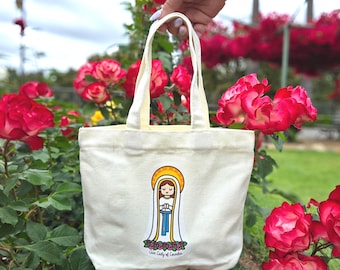 Our Lady of Lourdes Mini Tote Bag -- Catholic Accessories - Mini Canvas Purse with Magnetic Closure