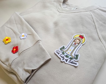 Our Lady of Fatima Embroidered Sweatshirt | Catholic Holy Trinity Sleeve