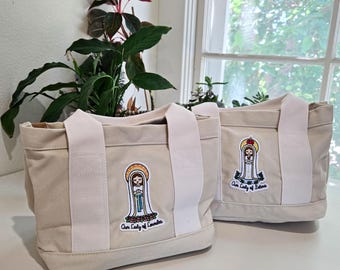 High Capacity Catholic Tote Bag with Magnetic Closure, Marian Embroidery Handheld Purse, Sturdy Organizer Bag with Water Bottle Pocket