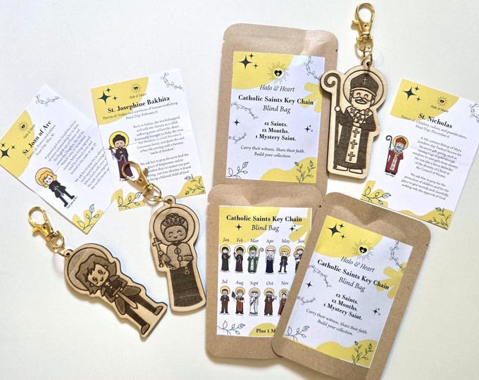 Featured listing image: Catholic Saints Keychain Mystery Blind Bag - Handcrafted Wood Charm