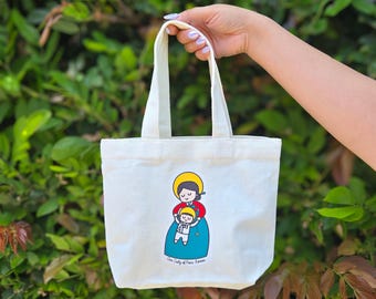 Our Lady of Peace Mini Tote Bag – Korean Catholic Art Canvas Purse with Magnetic Closure