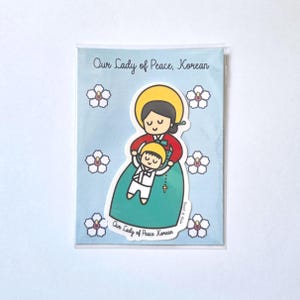 Onze-Lieve-Vrouw van de Vrede Koreaanse 4" waterdichte sticker, moeder Maria, baby Jezus, kindersticker kunst, katholiek cadeau, Hanbok, religieuze sticker