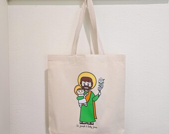 St Joseph Canvas Tote Bag | Large Religious Tote, First Communion Gift, Catholic Sunday School Bag, Grocery Shopping Tote