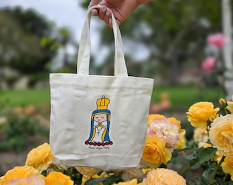Queen Virgin Mary Mini Tote Bag - Catholic Accessories - Mini Canvas Purse with Magnetic Closure