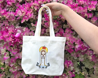 Our Lady of Fatima Mini Tote Bag - Catholic Accessories - Mini Canvas Purse with Magnetic Closure