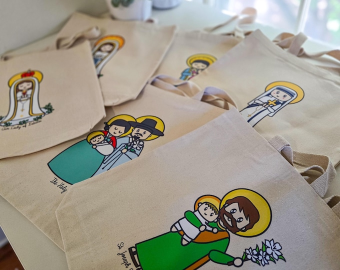 Featured listing image: Marian Canvas Large Tote Bag | Our Lady of Peace, Guadalupe, Fatima, La Vang, Lourdes Catholic Tote, Religious Gift, Sunday School Bag
