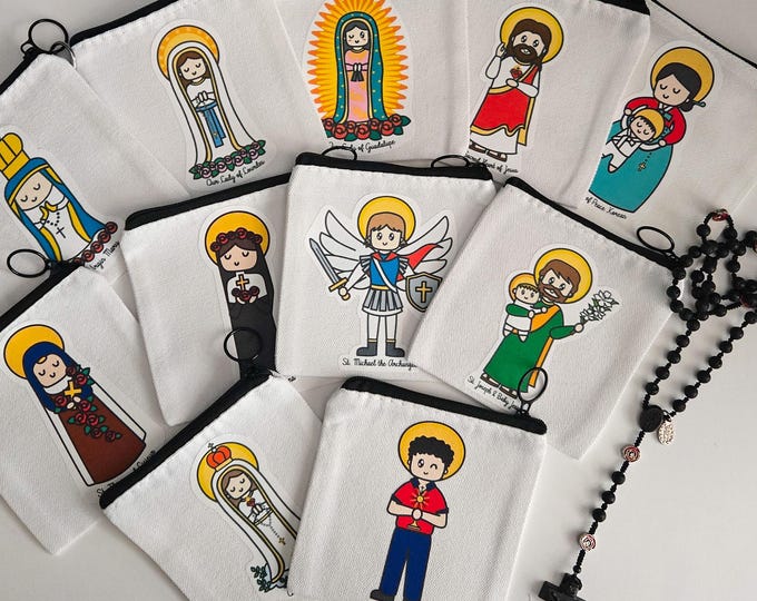 Featured listing image: Mini Canvas Zipper Pouch, 4x4 Rosary Pouch, Small Coin Purse, Catholic Saint, White Cotton Bag