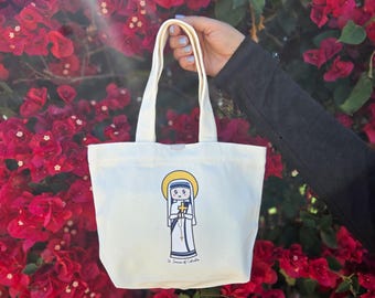 Saint Teresa of Calcutta Mini Tote Bag – Catholic Canvas Purse with Magnetic Closure