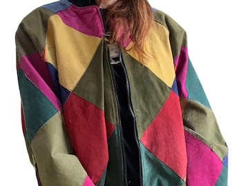 Vintage Suede bomber jacket leather 80s 90s color block patchwork medium