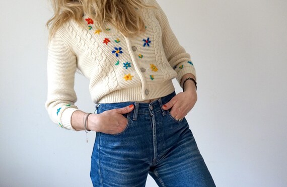 Vintage 80s Floral Austrian Cardigan Heavy Wool Folklore Bavarian  