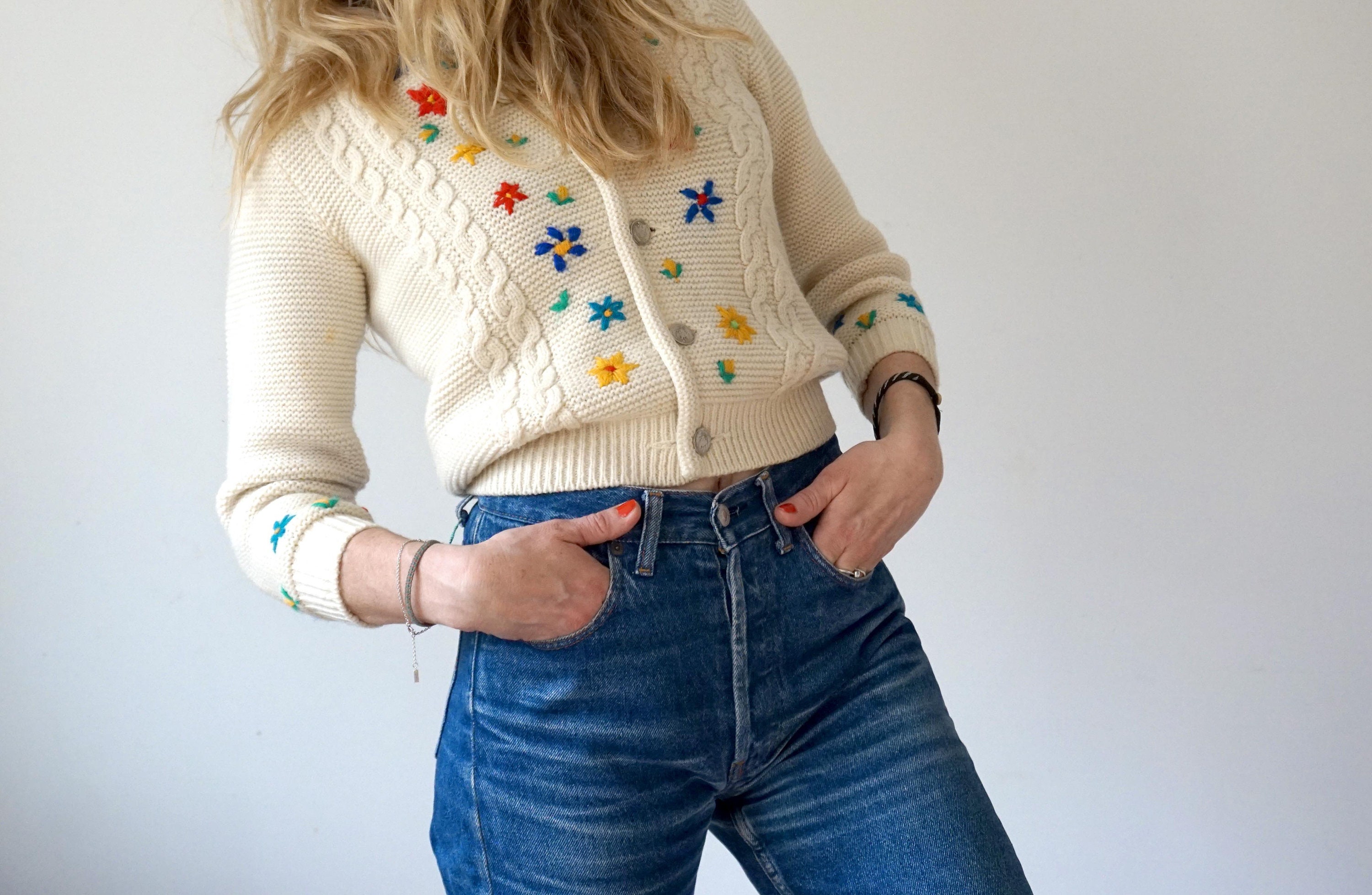 Vintage 80s Floral Austrian Cardigan Heavy Wool Folklore Bavarian