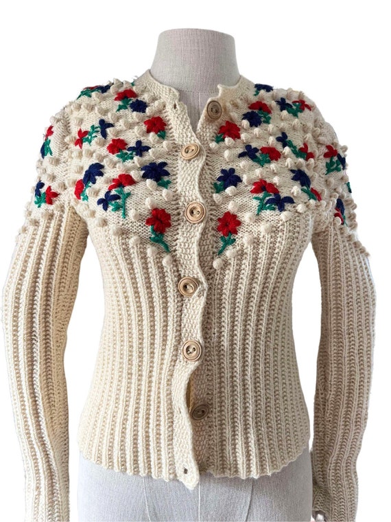 Vintage Austrian Style Cardigan Floral Folklore Trachten Tyrolen - Main Image