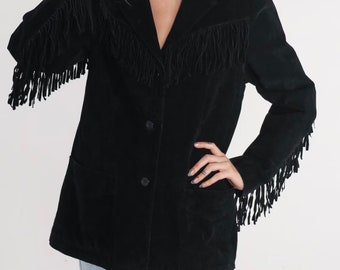 Suede Fringe Jacket 90s Black Leather Jacket Button Up Coat Bohemian Western Rocker Boho Biker Jacket Southwestern Vintage 1990s Medium M