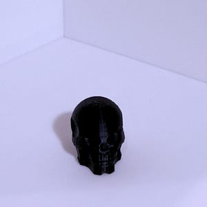 May include: A black skull ornament, possibly 3D-printed, is positioned centrally. The skull features detailed eye sockets, a nasal cavity, and teeth. The object is set against a plain white backdrop, providing a strong contrast.