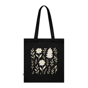 Botanischer Jutebeutel - Schwarzer Bio-Stoffbeutel mit Naturprint, Nachhaltige Tote Bag aus Bio-Baumwolle, Pflanzenmotiv Geschenk