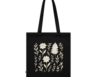 Botanischer Jutebeutel - Schwarzer Bio-Stoffbeutel mit Naturprint, Nachhaltige Tote Bag aus Bio-Baumwolle, Pflanzenmotiv Geschenk