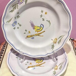 Pu&ograve; includere: Due piatti in ceramica bianca con bordo blu e un disegno dipinto a mano di un uccello giallo con ali viola appollaiato su un ramo con foglie verdi e fiori.