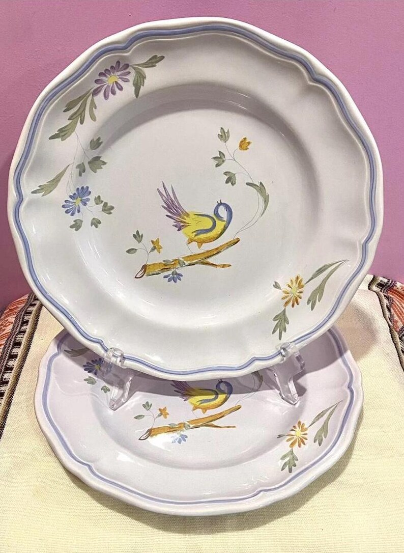Pu&ograve; includere: Due piatti in ceramica bianca con bordo blu e un disegno dipinto a mano di un uccello giallo con ali viola appollaiato su un ramo con foglie verdi e fiori.