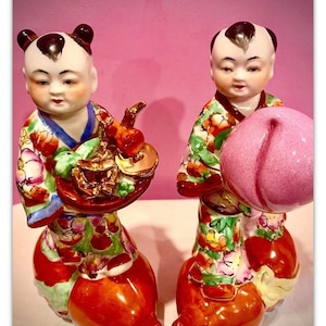 PAIR 40s-Era Chinese Porcelain Boy Figurines w/Peach, Golden Tray STUNNING 8.5”