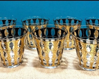 Midcentury Culver Piza gröna & guldfärgade gammaldags glas, set om 7