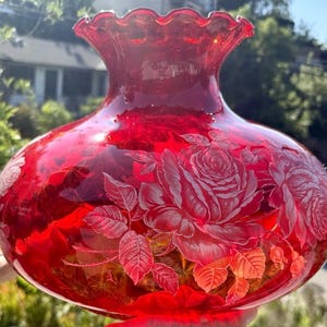 FENTON Ruby Glass SHADE White Roses Exquisite Condition 1928-37   9 3/4&quot; FITTER
