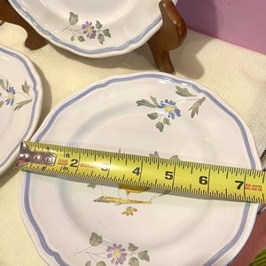 May include: White ceramic plates with a blue rim and floral design. The plates are approximately 7 inches in diameter. The plates have a scalloped edge and are decorated with purple and yellow flowers.