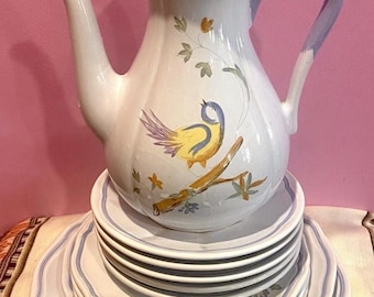 Servizio da tè Longchamp Perouges in maiolica, dipinto a mano, Francia, 26 pezzi
