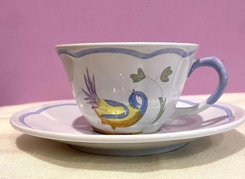 Pu&ograve; includere: Una tazza da t&egrave; e un piattino bianchi con un disegno di un uccello blu e giallo. L'uccello &egrave; appollaiato su un ramo con foglie verdi.