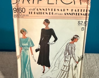 Cartamodello vintage SIMPLICITY 9560 per abiti da sposa/damigella d'onore stile retrò, taglie 16-22 - Non tagliato.