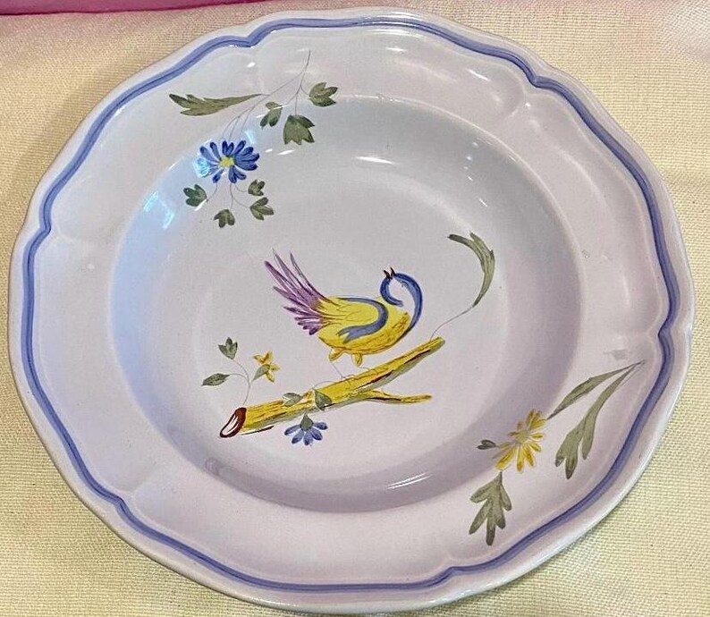 Pu&ograve; includere: Una ciotola per la zuppa in ceramica bianca con un bordo blu e un motivo floreale. La ciotola presenta un uccello giallo con ali viola appollaiato su un ramo con foglie verdi e fiori gialli.