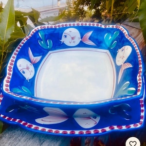 2-Pc Large  BOWL /TRAY Set Pesce  VIETRI Solimene Campagna Square Fish Motif  Made Italy  Excellent