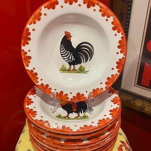 Vintage Hand-Painted Rooster Ceramic Bowls - Made in Italy, Set of 8