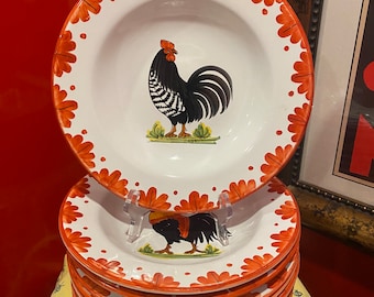 Vintage Hand-Painted Rooster Ceramic Bowls - Made in Italy, Set of 8