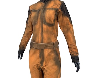 May include: Orange jumpsuit with a distressed, weathered appearance. Features a collared neckline, two chest pockets, and a matching belt. The shoulders and cuffs have black mesh detailing. The jumpsuit is displayed on a mannequin.