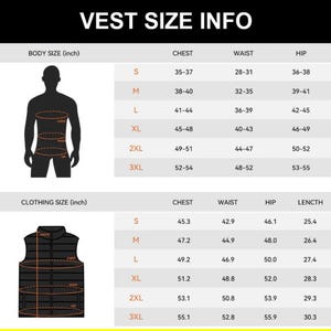 May include: A size chart for vests, with body and clothing measurements in inches. The chart includes chest, waist, hip, and length measurements for sizes S to 3XL. The text "VEST SIZE INFO" is at the top.
