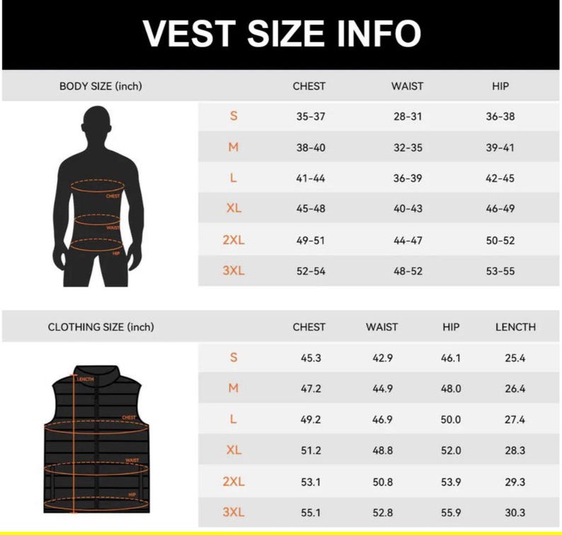 May include: A size chart for vests, with body and clothing measurements in inches. The chart includes chest, waist, hip, and length measurements for sizes S to 3XL. The text "VEST SIZE INFO" is at the top.