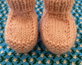 Knitted Alpaca Wool Baby Booties. Peach.