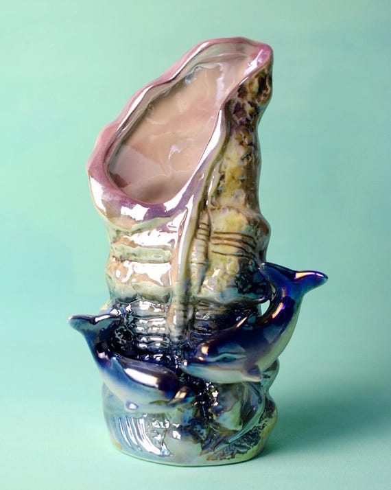 Vintage Iridescent Seashell Vase | Lusterware Ceramic | Seashell Dolphin Starfish | Dopamine Decor
