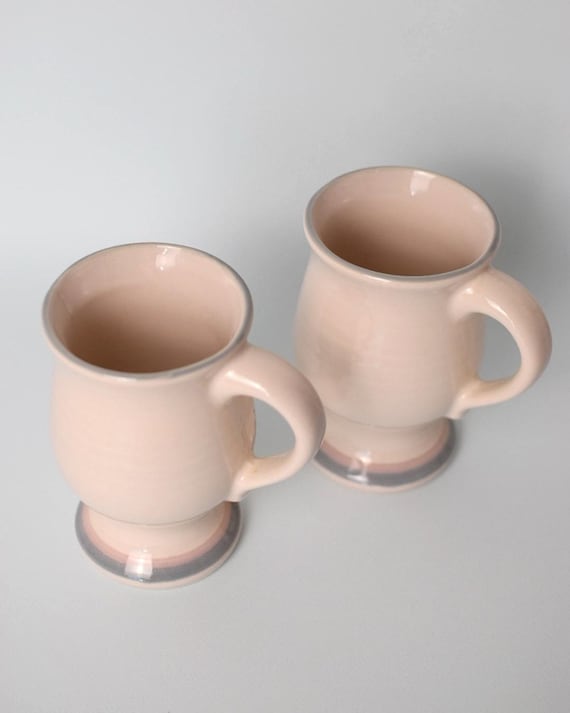 Vintage Pfaltzgraff Stoneware Mugs: Aura Cream, Pink & Blue Stripe, Set of 2