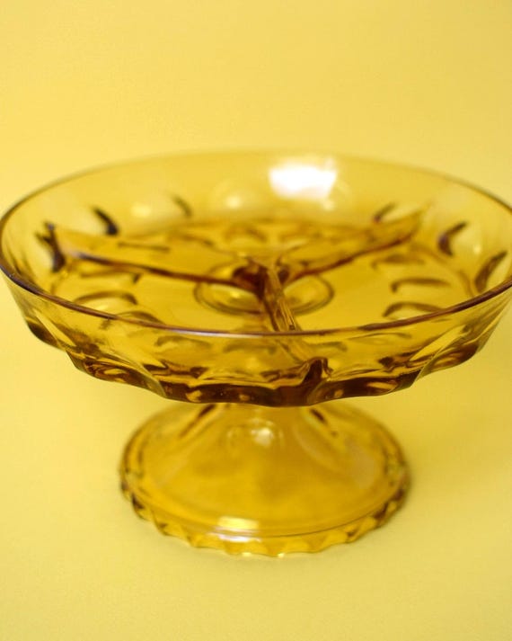 Vintage Amber Glass Pedestal Dish | Mid-Century Hazel Atlas | Thumbprint Design