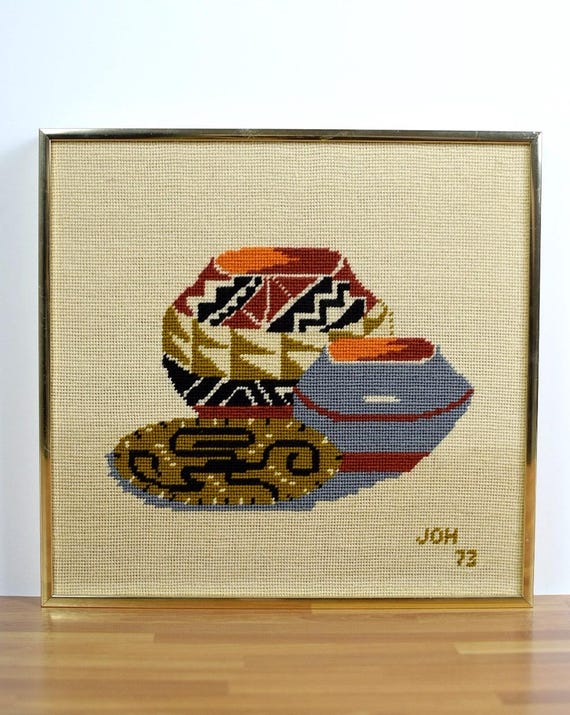 Vintage 1970s Southwest Needlepoint Art Framed | Signed JOH ’73 | Native American Motif | Boho Desert Art