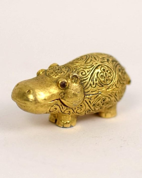 Vintage Max Factor Brass Hippo Solid Perfume Compact | Gold Tone Animal Trinket | Collectible Vanity Décor | Novelty Perfume Pill Box