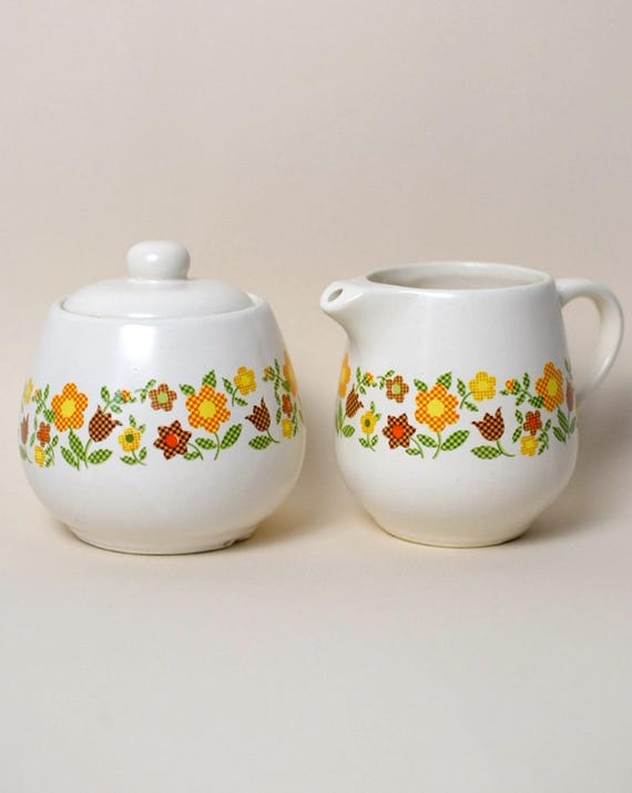 Vintage Patchwork Gingham Sugar & Creamer Set | McCoy Model 7020 | Cottagecore | Retro 1960s 70s Kitchen