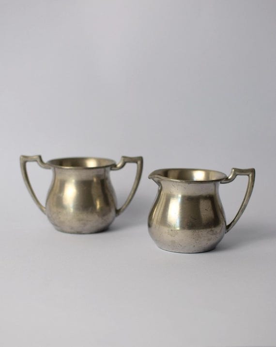 Vintage Pewter Sugar & Creamer Set | Old English Genuine Pewter | Greek Revival Design