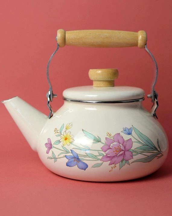 Vintage Enamel Teapot with Floral Design | Circa 1980s | Cottagecore and Country Decor