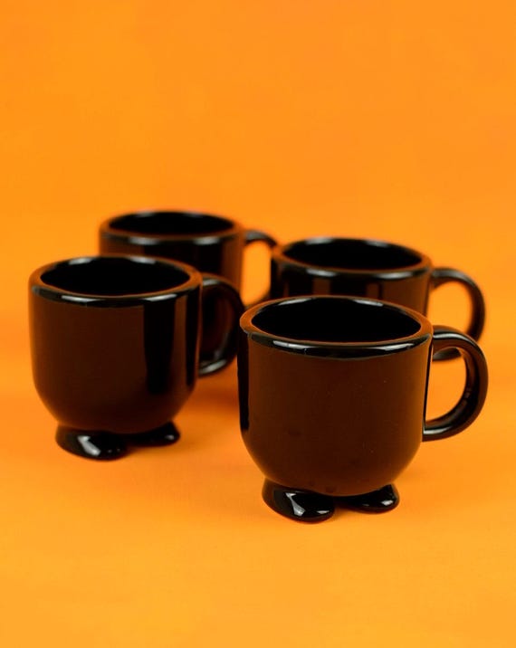 Vintage Set of 4 Black Ceramic Footed Mugs – Unique Retro Design, One-of-a-Kind