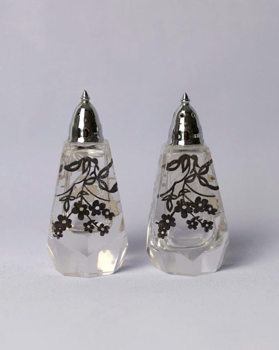 Mid-Century Glass & Sterling Silver Salt and Pepper Shakers: 1940s-50s Vintage