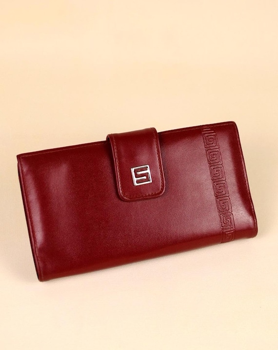 Vintage 1980s Red Faux Leather Wallet | Greek Key Pattern