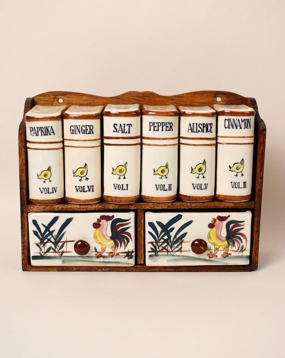 Vintage Cottagecore Spice Rack Set | Book themed | Made in Japan | Fred Roberts San Francisco | Rooster Kitchen Country Decor